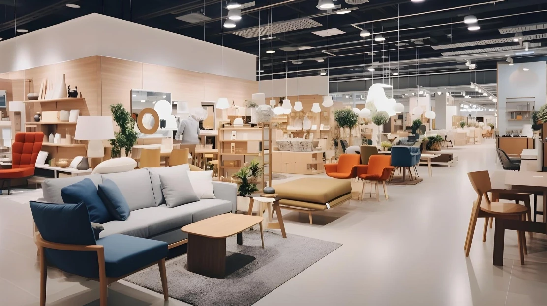 Furniture showroom with sofas and room displays